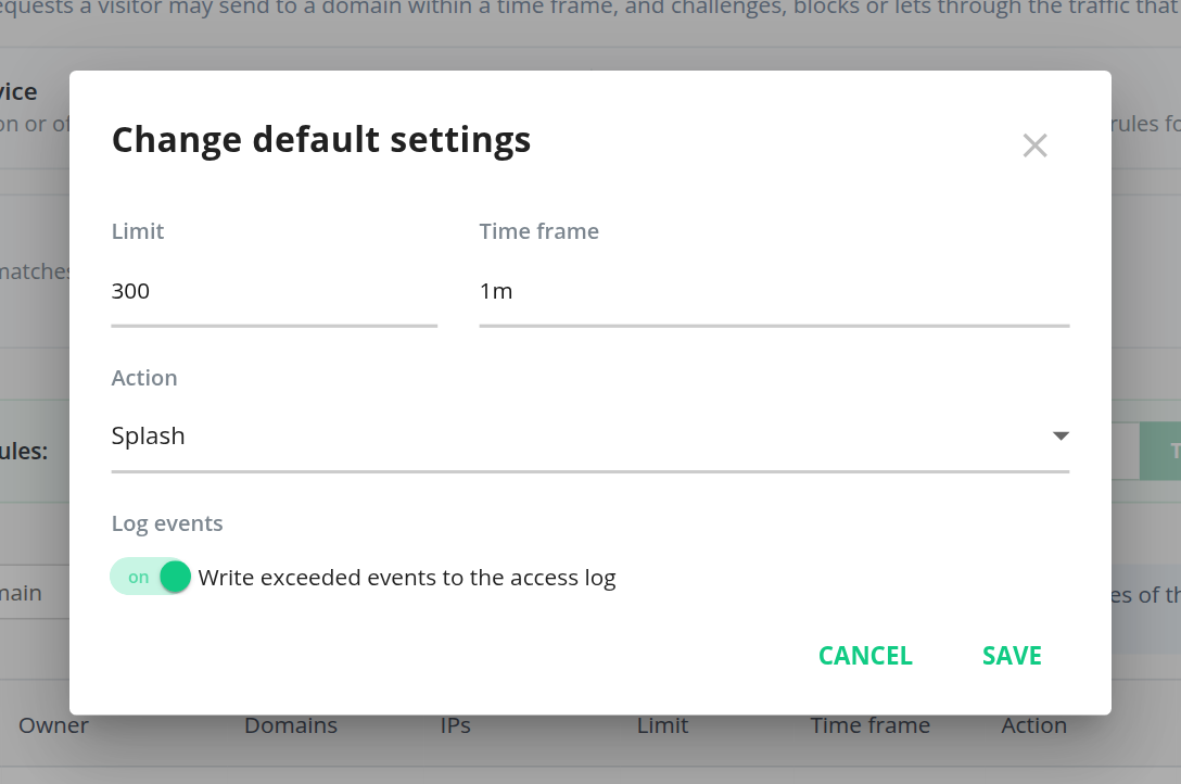 The Change default settings dialog