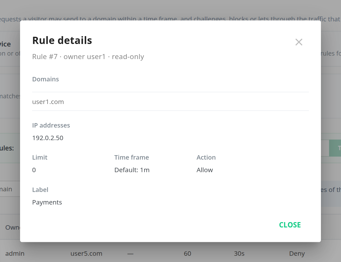 The read-only Rule details dialog for a rule of an end user