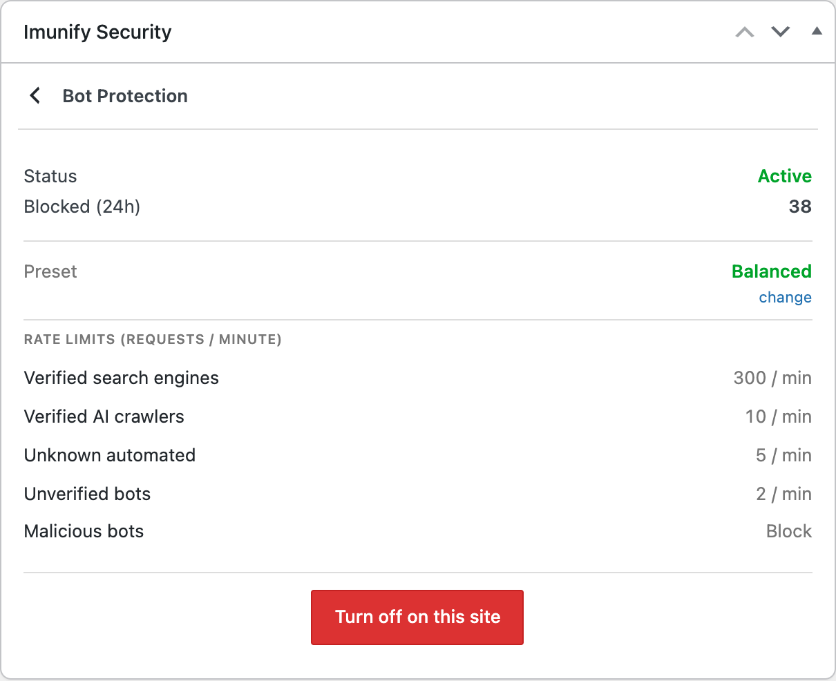 The Bot Protection detail pane inside the Imunify Security widget
