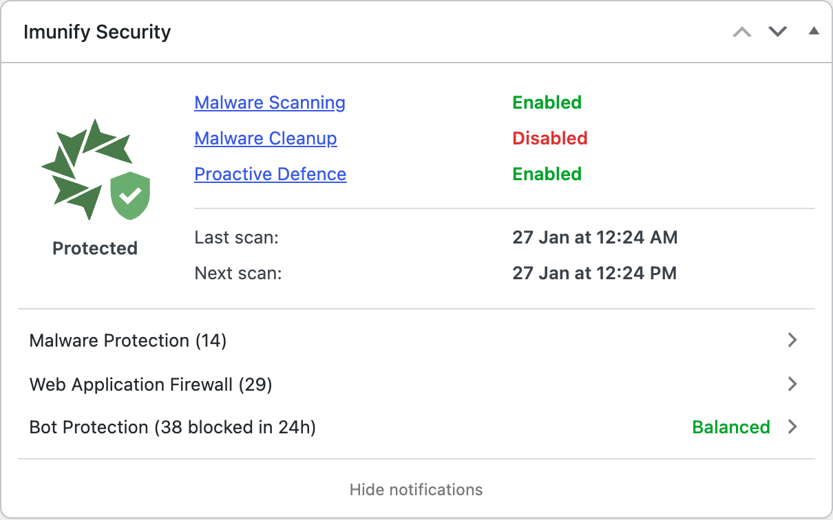 The Imunify Security dashboard widget with the Bot Protection row