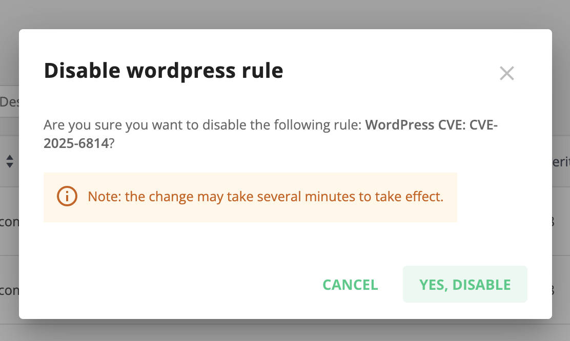 Disable rule confirmation modal