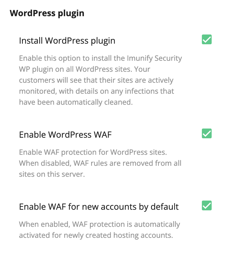 WordPress plugin settings in the control panel: Install WordPress plugin, Enable WordPress WAF, and Enable WAF for new accounts by default
