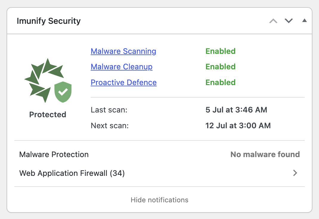 Web Application Firewall row showing a recent-incident count
