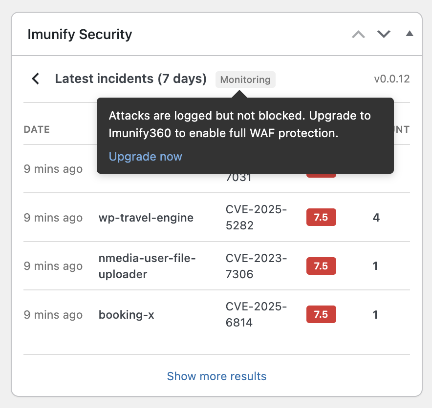 Web Application Firewall row showing Monitoring